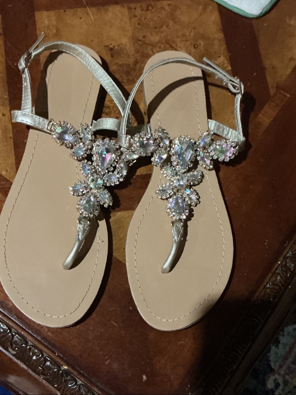Qupid Silver Jeweled T-Strap Women's Sandals